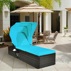 Rattan Chaise Lounge with Folding Canopy and Cup Table, 360 lb, Turquoise