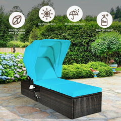 Rattan Chaise Lounge with Folding Canopy and Cup Table, 360 lb, Turquoise