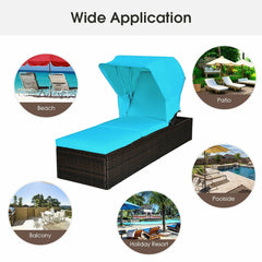 Rattan Chaise Lounge with Folding Canopy and Cup Table, 360 lb, Turquoise