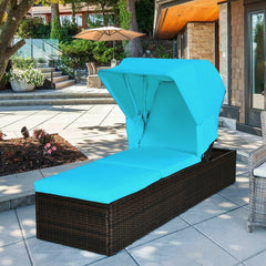 Rattan Chaise Lounge with Folding Canopy and Cup Table, 360 lb, Turquoise