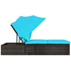 Rattan Chaise Lounge with Folding Canopy and Cup Table, 360 lb, Turquoise