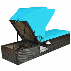 Rattan Chaise Lounge with Folding Canopy and Cup Table, 360 lb, Turquoise