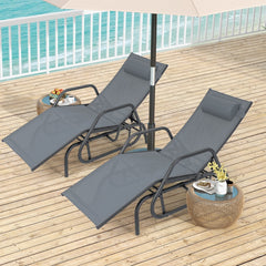 Outdoor Glider Chaise Lounge with Armrests and Adjustable Pillow, Gray