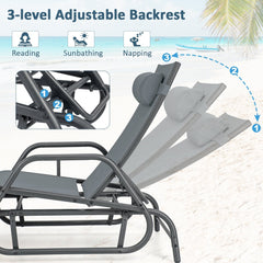 Outdoor Glider Chaise Lounge with Armrests and Adjustable Pillow, Gray