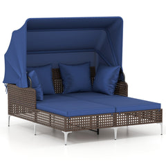 Outdoor Wicker Daybed for Two with Gas Strut Canopy and Fixing Ties, Navy