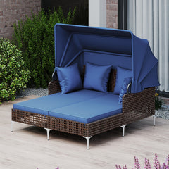 Outdoor Wicker Daybed for Two with Gas Strut Canopy and Fixing Ties, Navy