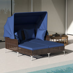 Outdoor Wicker Daybed for Two with Gas Strut Canopy and Fixing Ties, Navy