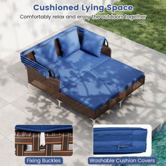 Outdoor Wicker Daybed for Two with Gas Strut Canopy and Fixing Ties, Navy