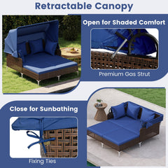 Outdoor Wicker Daybed for Two with Gas Strut Canopy and Fixing Ties, Navy