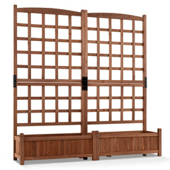 Outdoor Dual Wooden Raised Garden Bed with Trellis and Drainage Holes-Rustic Brown