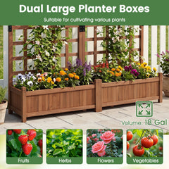 Outdoor Dual Wooden Raised Garden Bed with Trellis and Drainage Holes-Rustic Brown