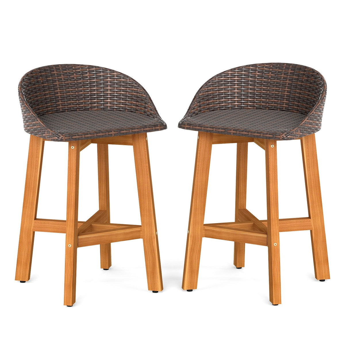 Outdoor Faux Rattan Bar Chairs Set of 2 with Ergonomic Backrests and Footrests-Brown