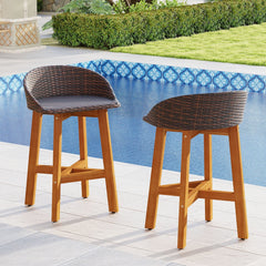 Outdoor Faux Rattan Bar Chairs Set of 2 with Ergonomic Backrests and Footrests-Brown