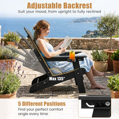 Outdoor Folding Adirondack Chair with Cup Holder and 5-Level Backrest-Black
