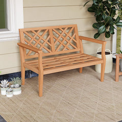 Outdoor Garden Bench 2-Person Teak Wood Bench with Comfy Armrests and Backrest