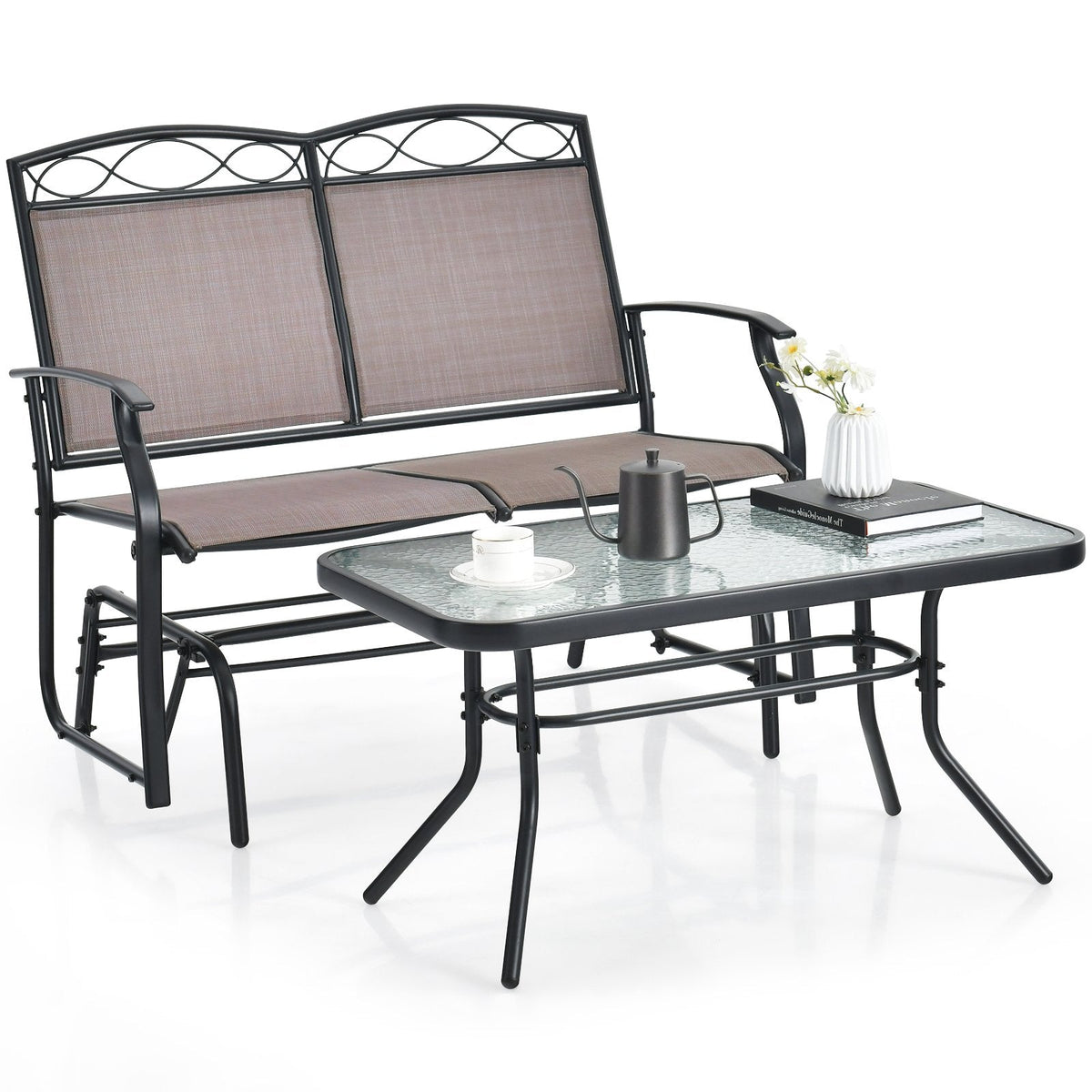 2 Piece Patio Glider Loveseat Set with Glass Top Coffee Table, Brown and Black