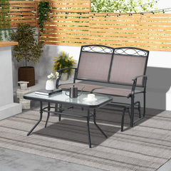 2 Piece Patio Glider Loveseat Set with Glass Top Coffee Table, Brown and Black