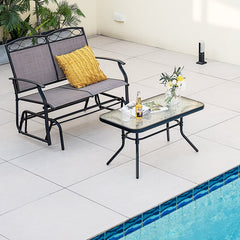 2 Piece Patio Glider Loveseat Set with Glass Top Coffee Table, Brown and Black