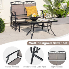 2 Piece Patio Glider Loveseat Set with Glass Top Coffee Table, Brown and Black