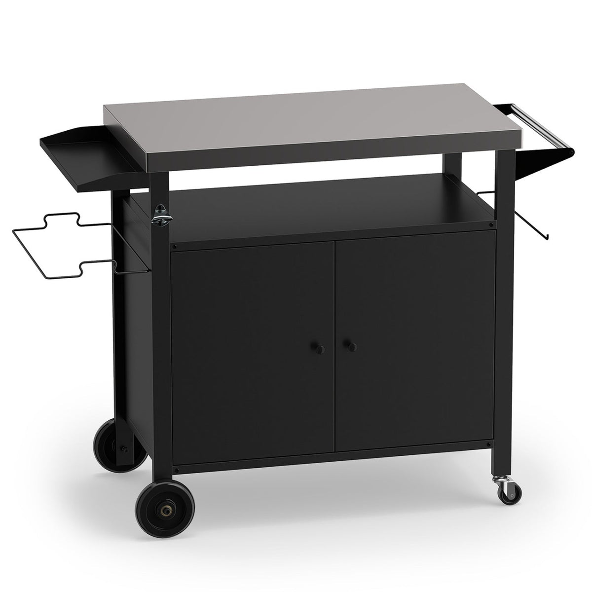 Outdoor Grill Cart with Stainless Steel Top & 2-Door Cabinet for BBQ Camping-Black