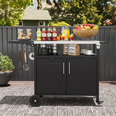 Outdoor Grill Cart with Storage and Folding Stainless Steel Top-Black