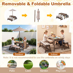 Outdoor Kids Wooden Picnic Table and Benches Set with Umbrella-Brown