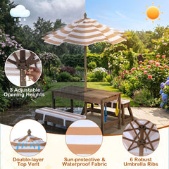Outdoor Kids Wooden Picnic Table and Benches Set with Umbrella-Brown