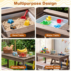 Outdoor Kids Wooden Picnic Table and Benches Set with Umbrella-Brown