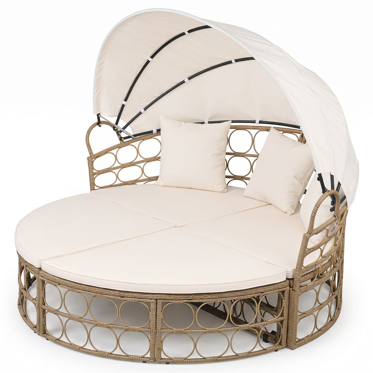 Round Outdoor Daybed with Retractable Canopy and Sectional Benches, Off White