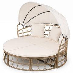 Round Outdoor Daybed with Retractable Canopy and Sectional Benches, Off White