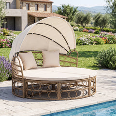 Round Outdoor Daybed with Retractable Canopy and Sectional Benches, Off White