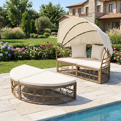 Round Outdoor Daybed with Retractable Canopy and Sectional Benches, Off White