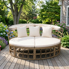 Round Outdoor Daybed with Retractable Canopy and Sectional Benches, Off White