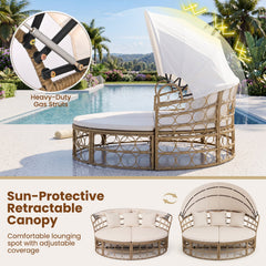 Round Outdoor Daybed with Retractable Canopy and Sectional Benches, Off White