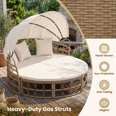 Round Outdoor Daybed with Retractable Canopy and Sectional Benches, Off White