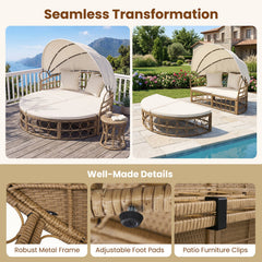 Round Outdoor Daybed with Retractable Canopy and Sectional Benches, Off White
