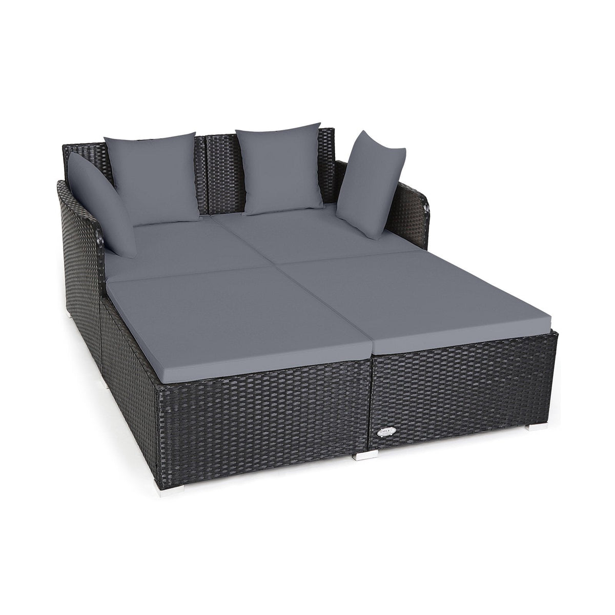 Spacious Rattan Daybed with Upholstered Cushions and Pillows, Gray