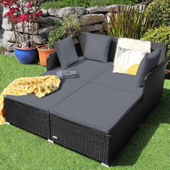 Spacious Rattan Daybed with Upholstered Cushions and Pillows, Gray