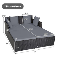 Spacious Rattan Daybed with Upholstered Cushions and Pillows, Gray