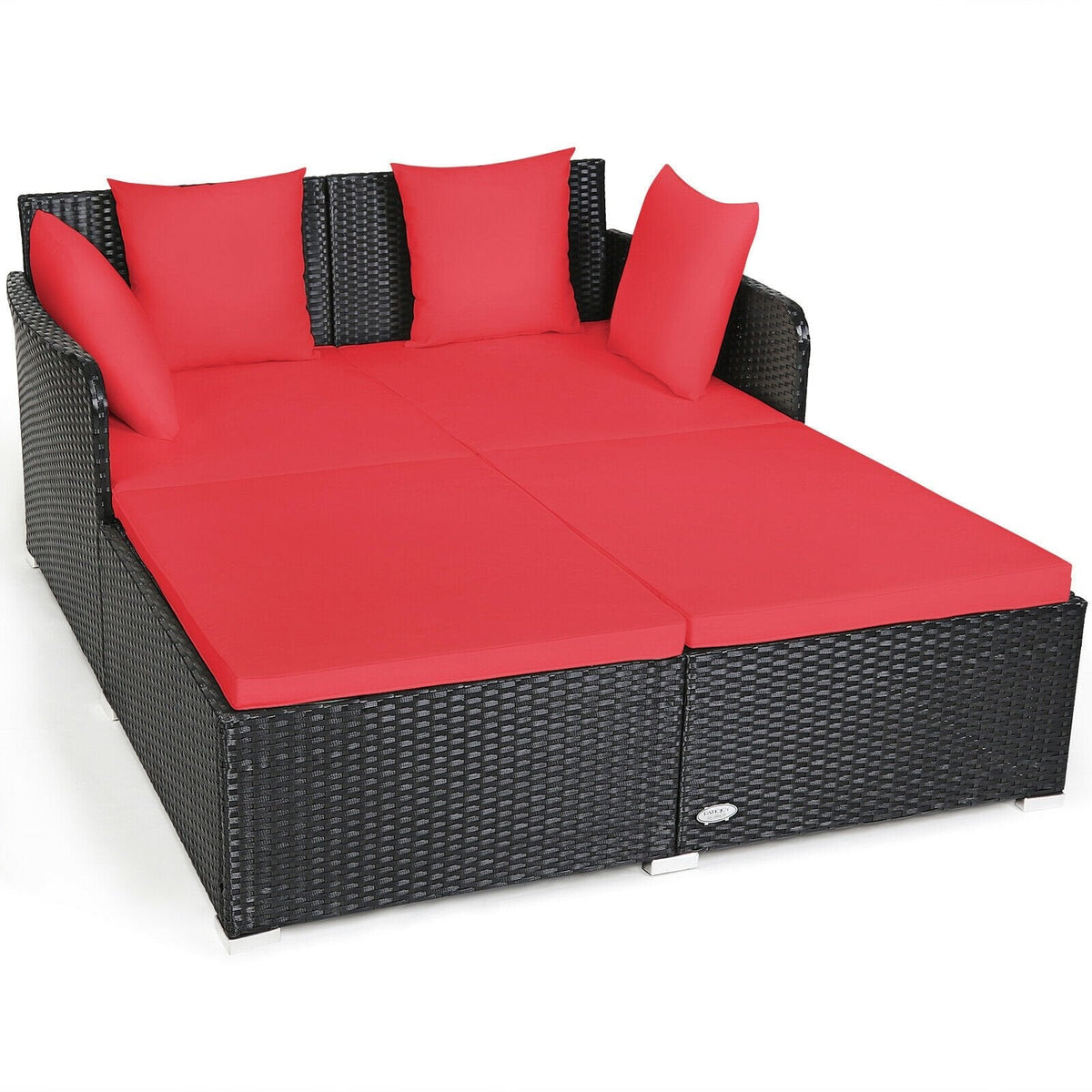 Spacious Rattan Daybed with Upholstered Cushions and Pillows, Red