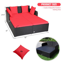 Spacious Rattan Daybed with Upholstered Cushions and Pillows, Red