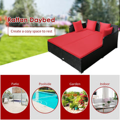 Spacious Rattan Daybed with Upholstered Cushions and Pillows, Red