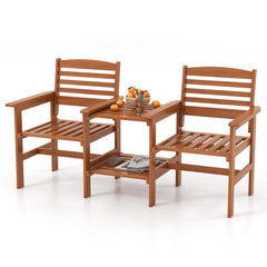 Wood Patio Two Seat Bench with Built In Two Tier Table and Umbrella Hole