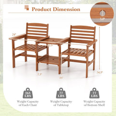 Wood Patio Two Seat Bench with Built In Two Tier Table and Umbrella Hole