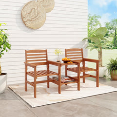 Wood Patio Two Seat Bench with Built In Two Tier Table and Umbrella Hole