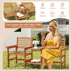 Wood Patio Two Seat Bench with Built In Two Tier Table and Umbrella Hole