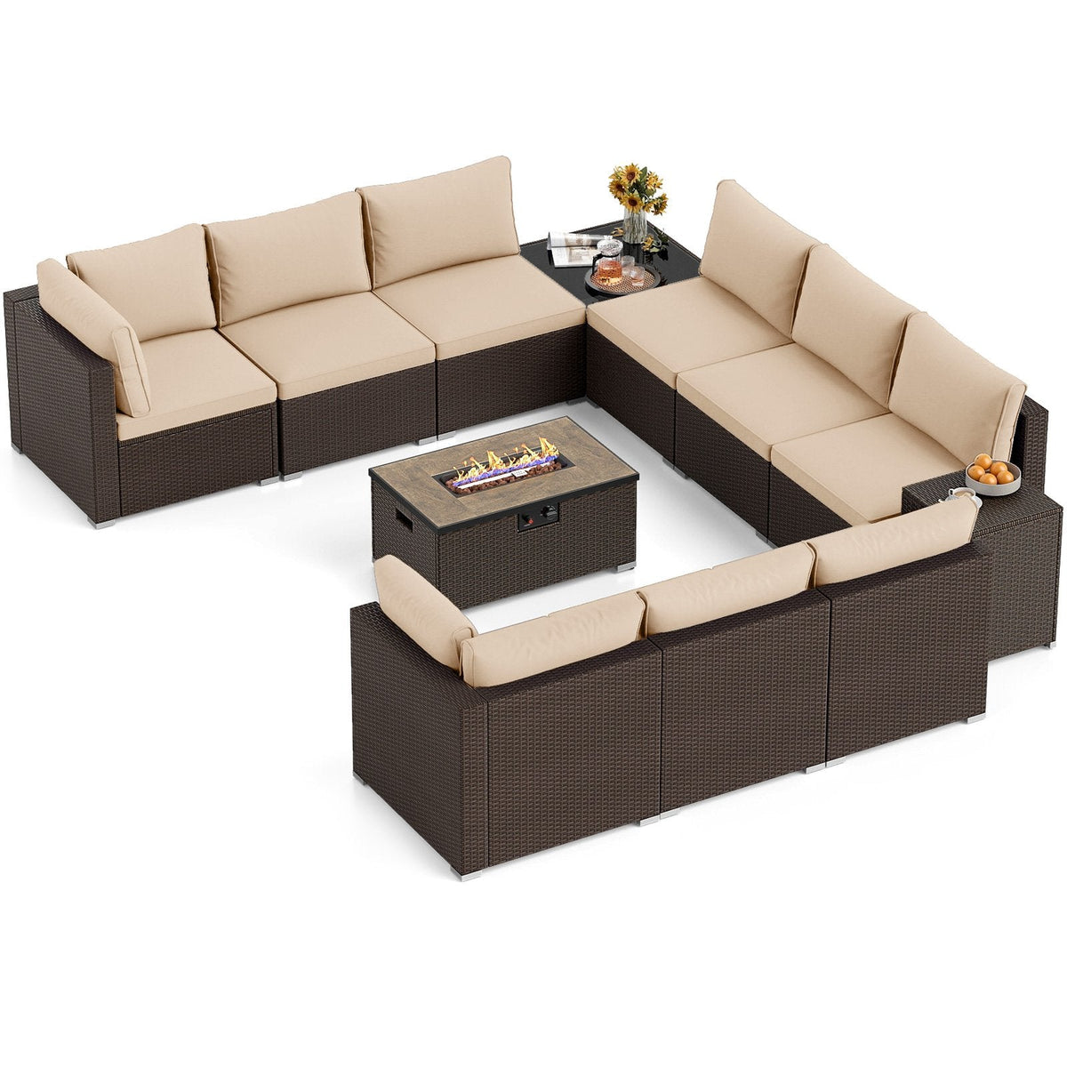 12 Piece Wicker Patio Sectional Set with 32 in Propane Fire Pit Table and Tank Holder, Beige