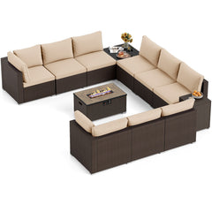 12 Piece Wicker Patio Sectional Set with 32 in Propane Fire Pit Table and Tank Holder, Beige