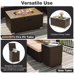 12 Piece Wicker Patio Sectional Set with 32 in Propane Fire Pit Table and Tank Holder, Beige