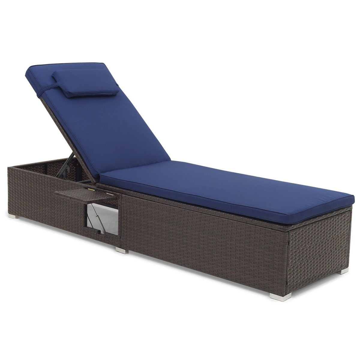 Wicker Chaise Lounge with 6 Level Backrest, Headrest and Folding Side Table, Navy